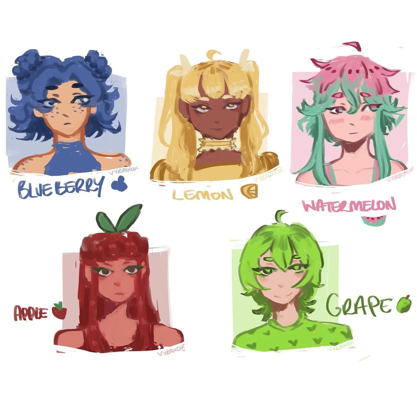 Cute lil fruit girls 🍉🍋🫐🍎🍇

I tried a different artsyle with softer rendering and no Lineart and created these cute lil designs. The watermelon girl is my favourite maybe I&rsquo;ll draw her again some time. 
#digitalart #digitalpainting #digita