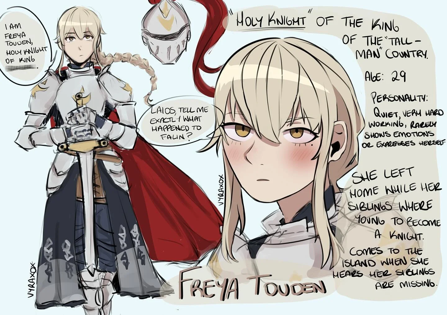 A little bit of cringe aka my dungeon meshi oc. I&rsquo;m guilty of making a sibling oc I can&rsquo;t help it. 

This is Freya Touden the eldest of the Touden siblings. Laios and Falin don&rsquo;t mention their older sister often as she had left home