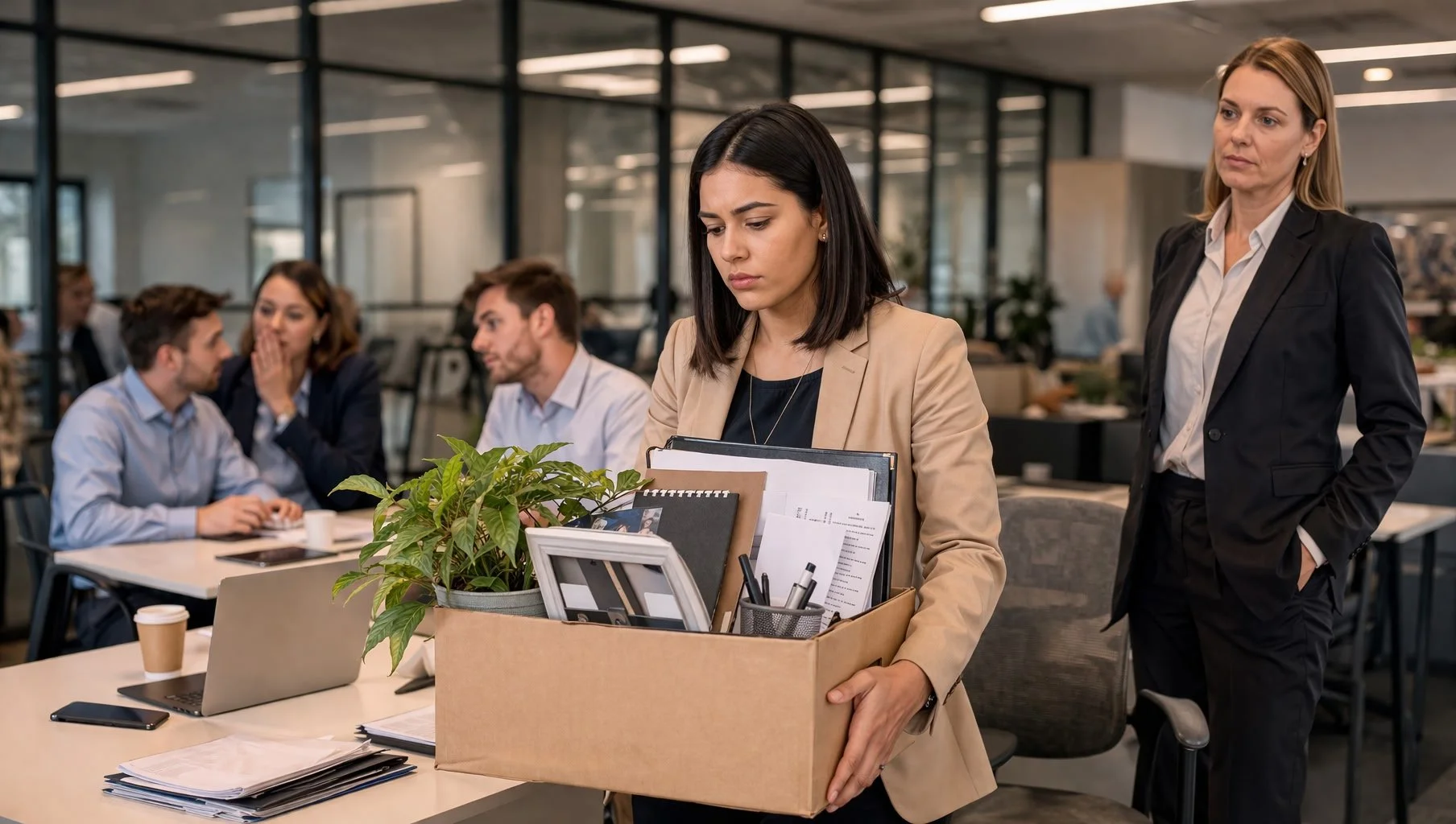 female employee caring a box of her belongings while her supervisor watches and coworkers sit near by after she is terminated