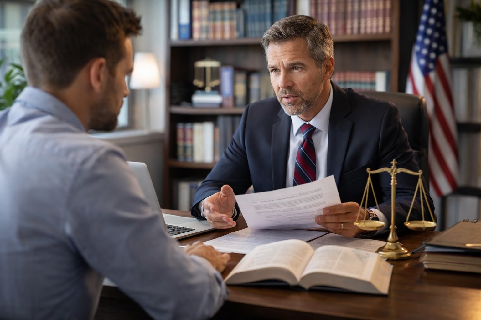 man meeting with an employment attorney in an office to discuss his wage issues