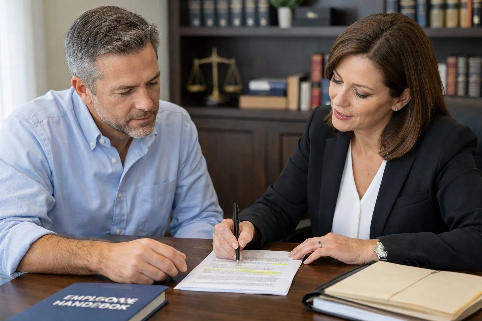 Business owner meeting with an employment attorney reviewing employee handbook policies and notes in an office setting