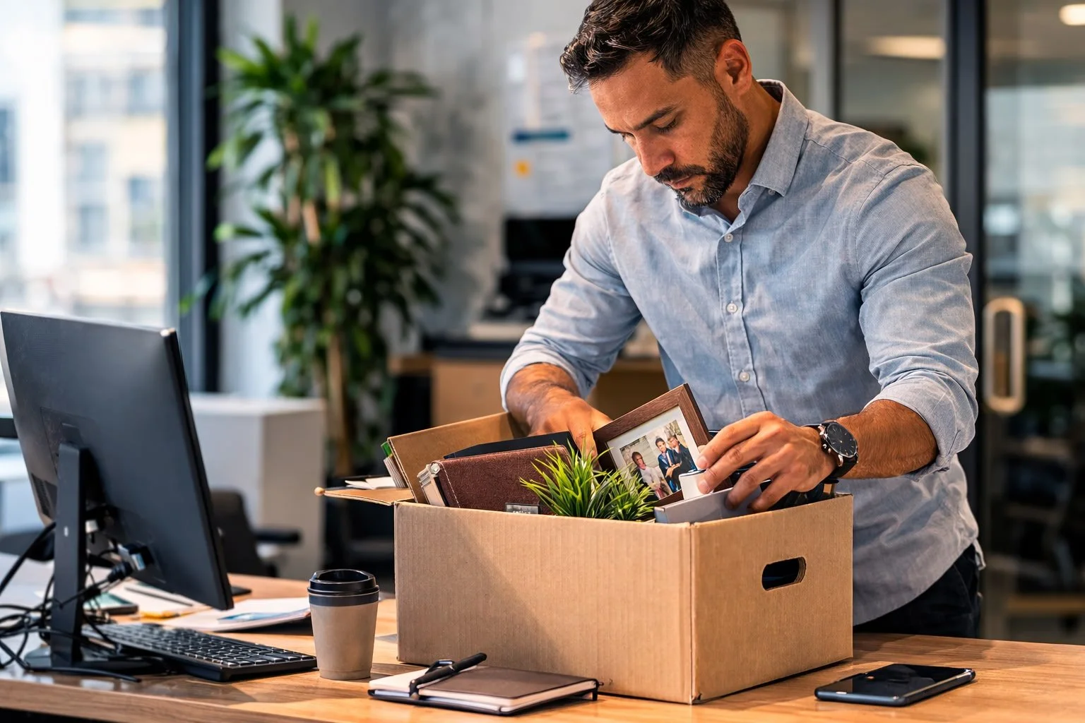 Employee packing up his office in a brown box after being terminated