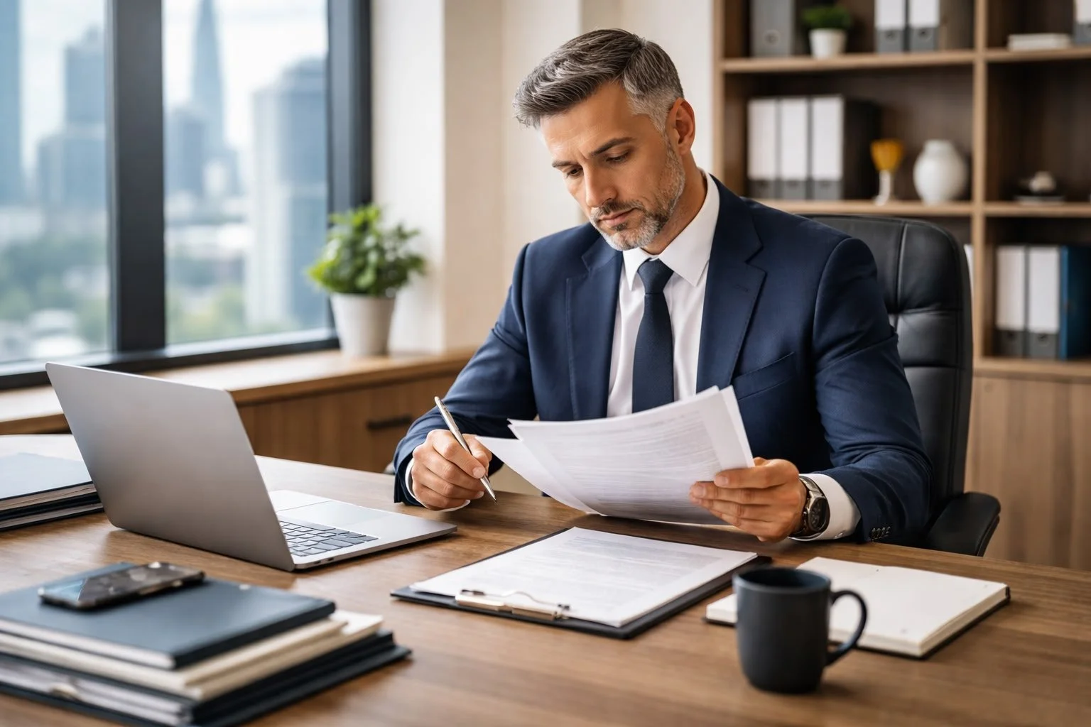 Business owner sitting at his desk reviewing hiring documents