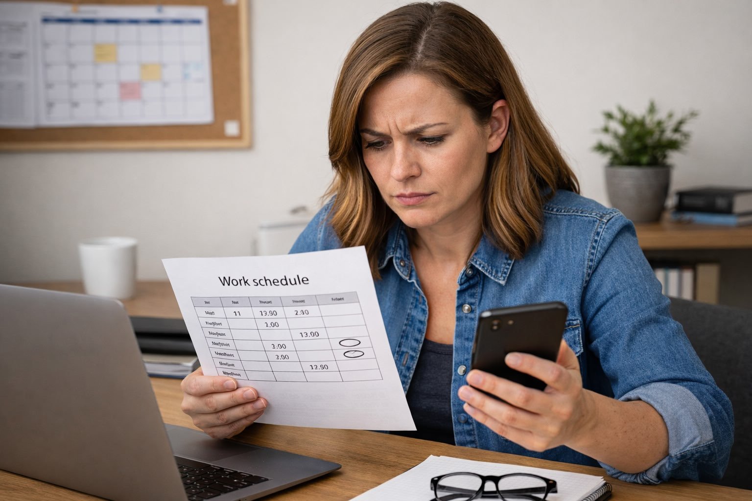 Female employee reviewing their work schedule with a concerned expression after hours were reduced