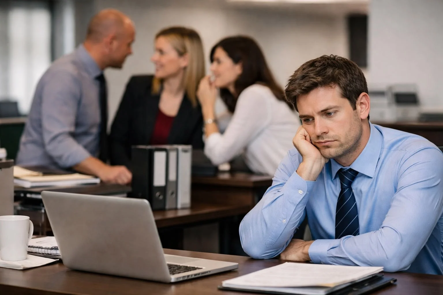 male employee sitting at his desk looking upset because three coworkers are ignoring him at work.