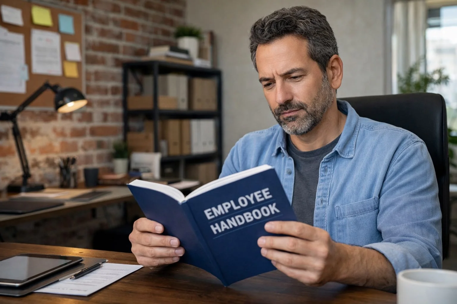 Small business owner sitting at desk reviewing employee handbook in a home office workspace