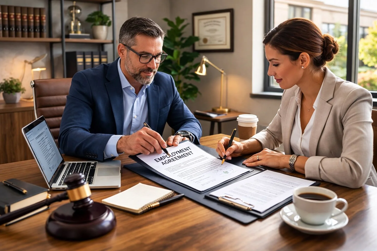 Business owner reviewing a contract with an employment attorney
