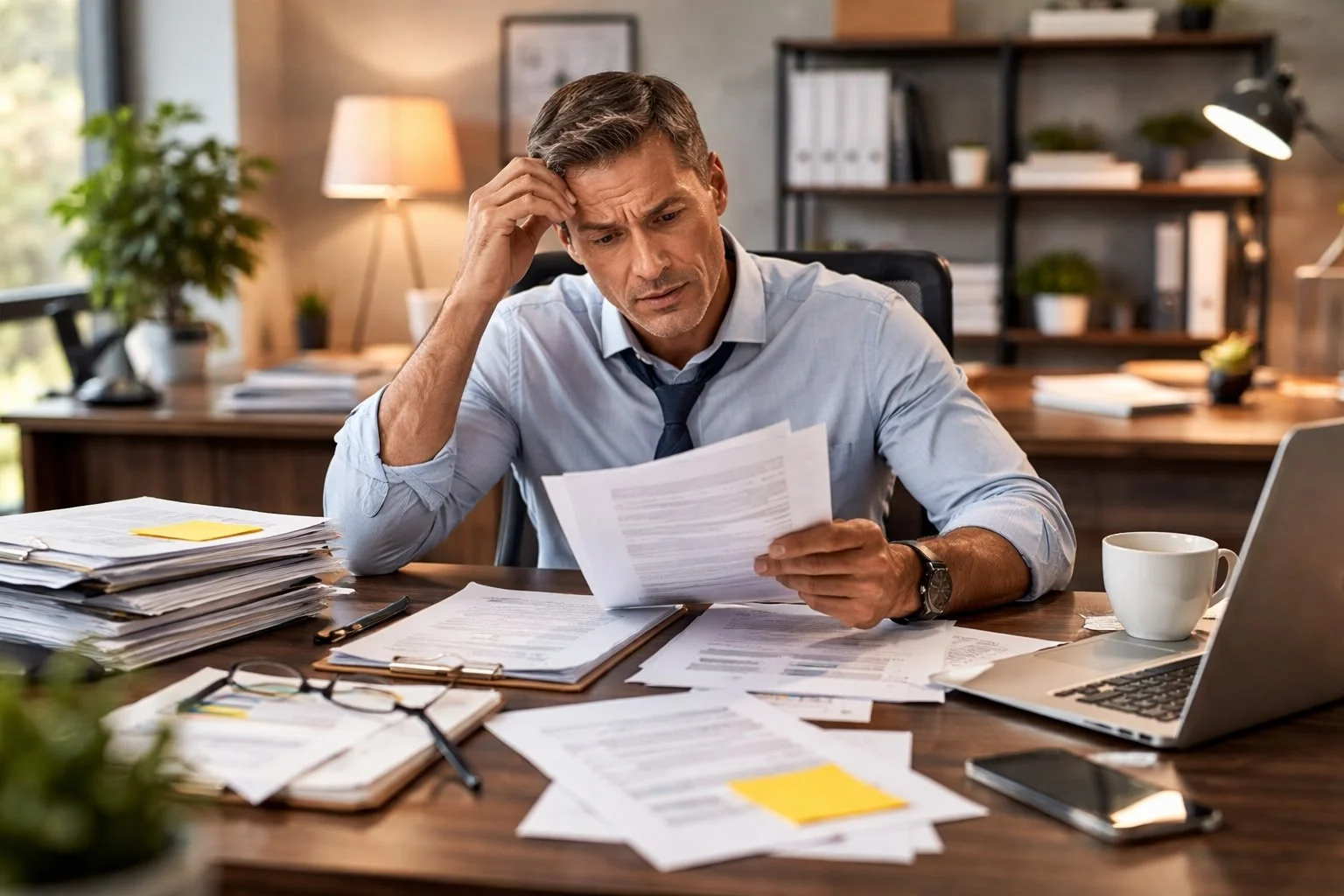 employee sitting at a desk looking at his pay stubs and looking worried