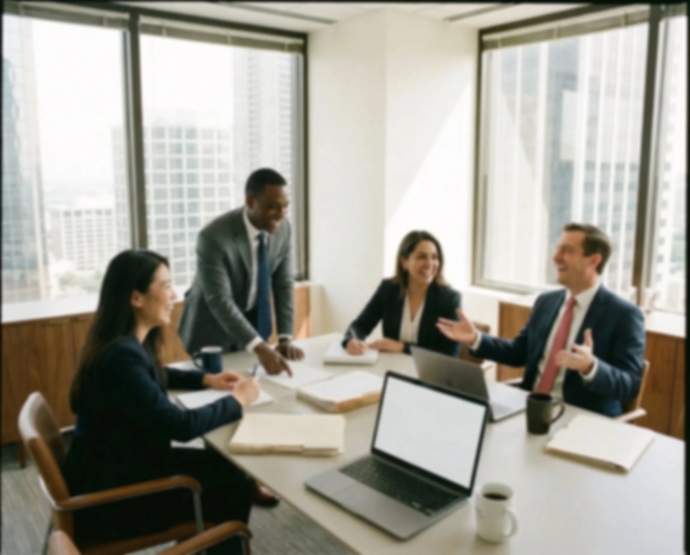 Four attorneys having a discussion in a modern office conference room with large windows and city view.