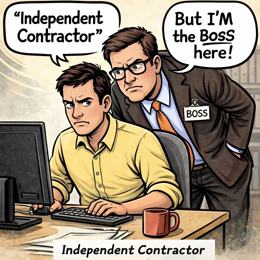 Political-style cartoon showing a frustrated worker labeled “independent contractor” being closely watched and controlled by a boss, illustrating worker misclassification