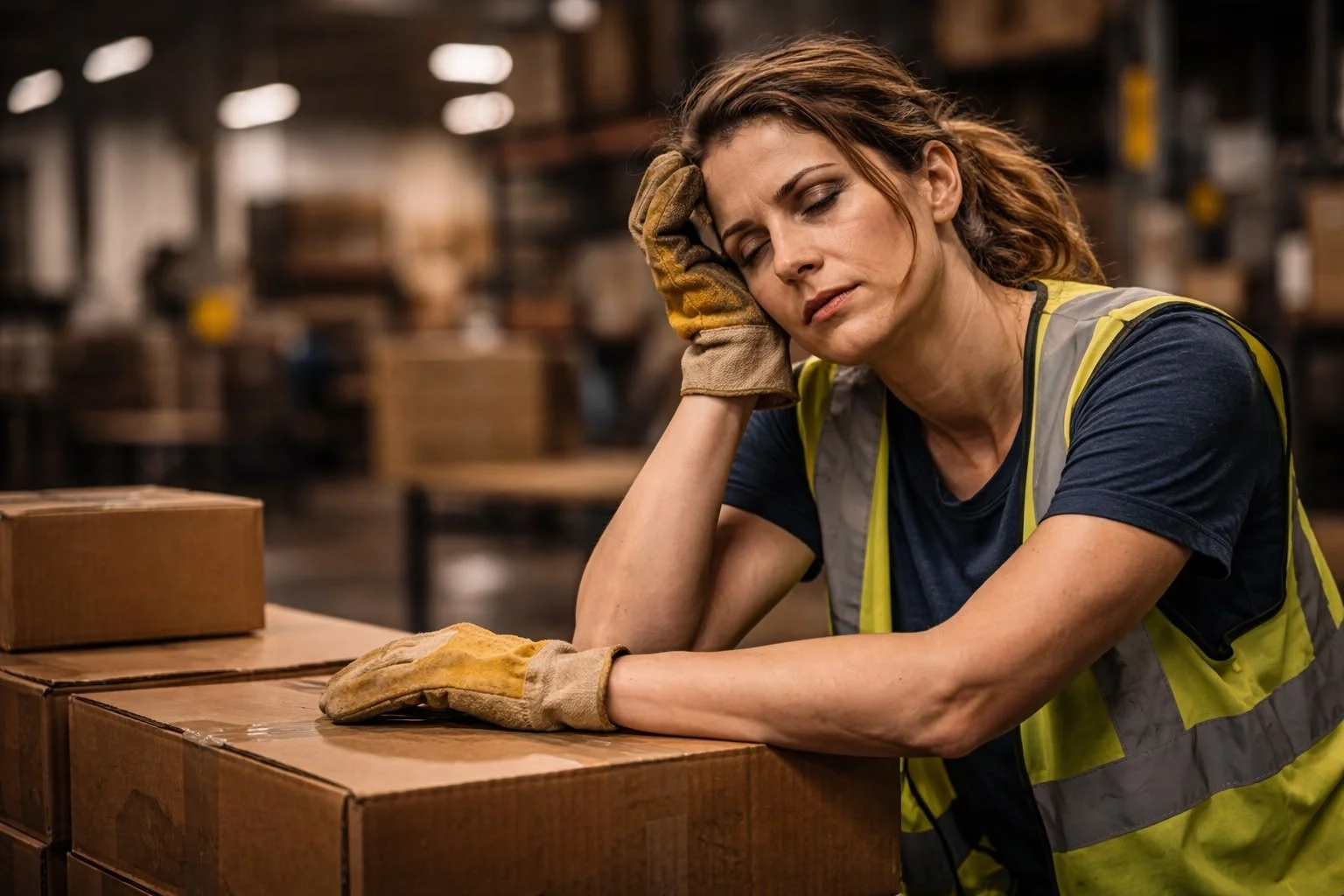 a female hourly employee working in the stockroom leaning on boxes looking exhausted