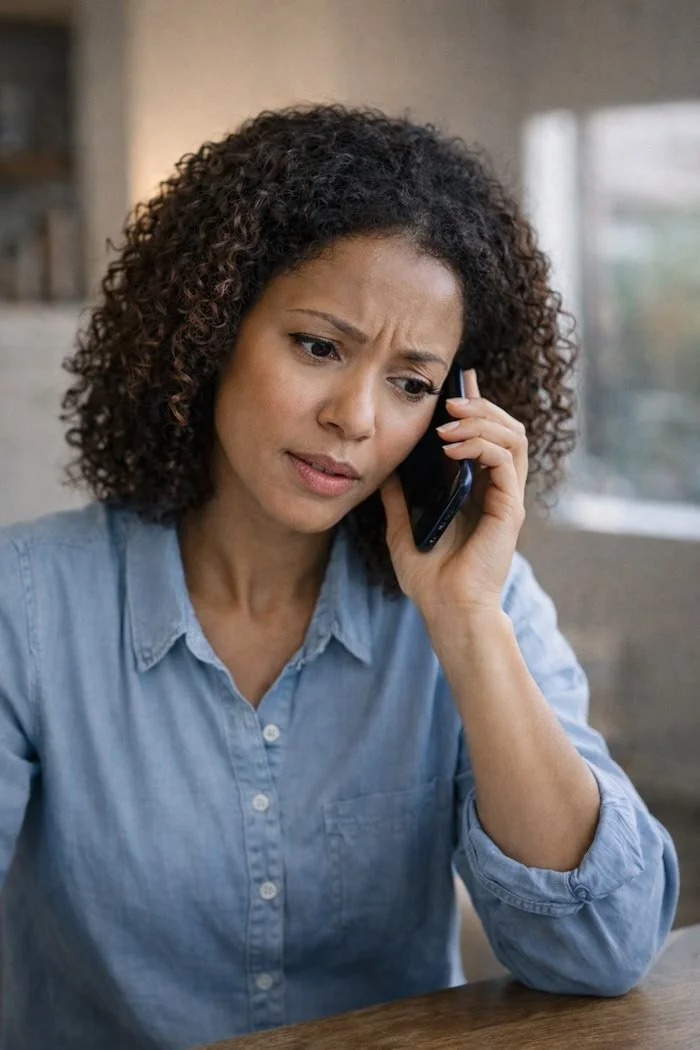 female employee talking on the phone to her employee after getting fired