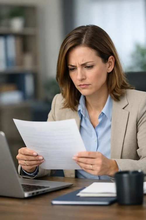 Employee reviewing termination paperwork after being fired without warning.