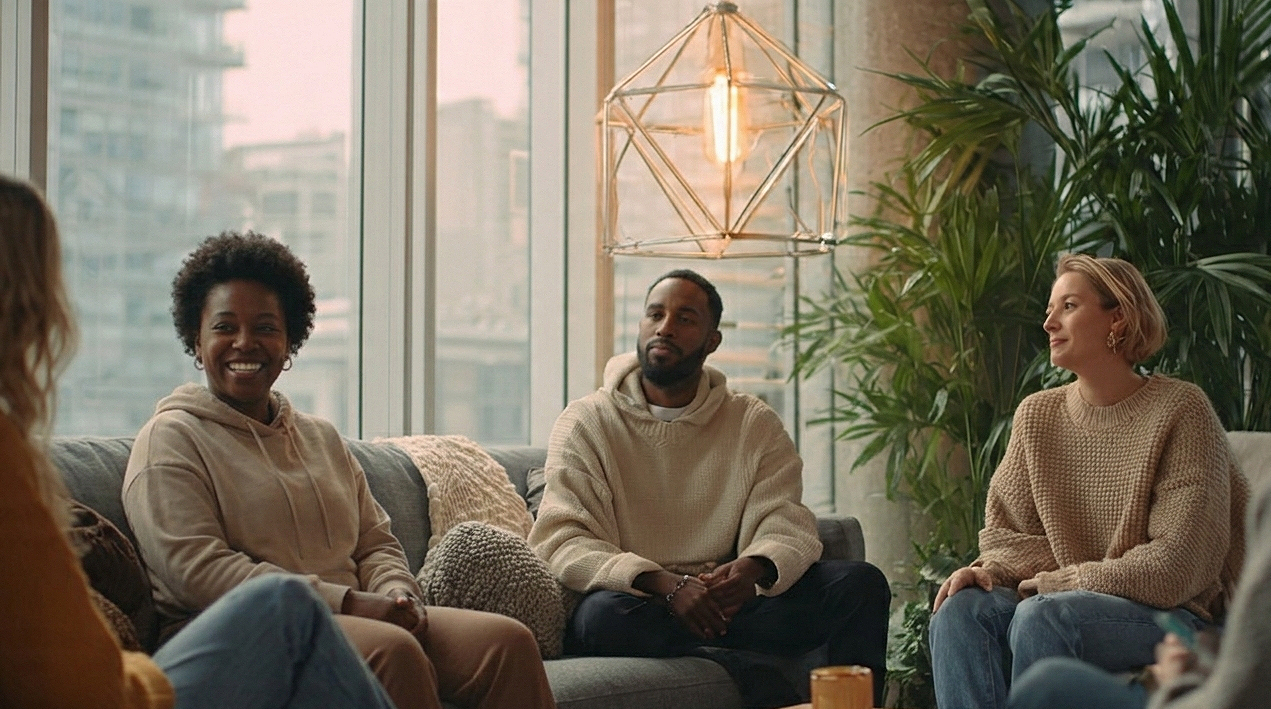 group of people talking while sitting in a lounge area next to a window overlooking a cityscape.