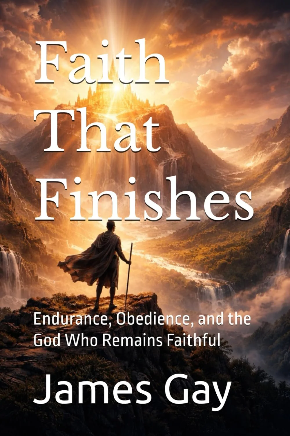 A person standing on a rocky ledge overlooking a vast canyon with waterfalls, mountains, and a bright light shining down from the sky. The image features a fantastical landscape with dramatic clouds and warm colors. The text on the image reads: "Faith That Finishes" with a subtitle "Endurance, Obedience, and the God Who Remains Faithful" by James Gay.