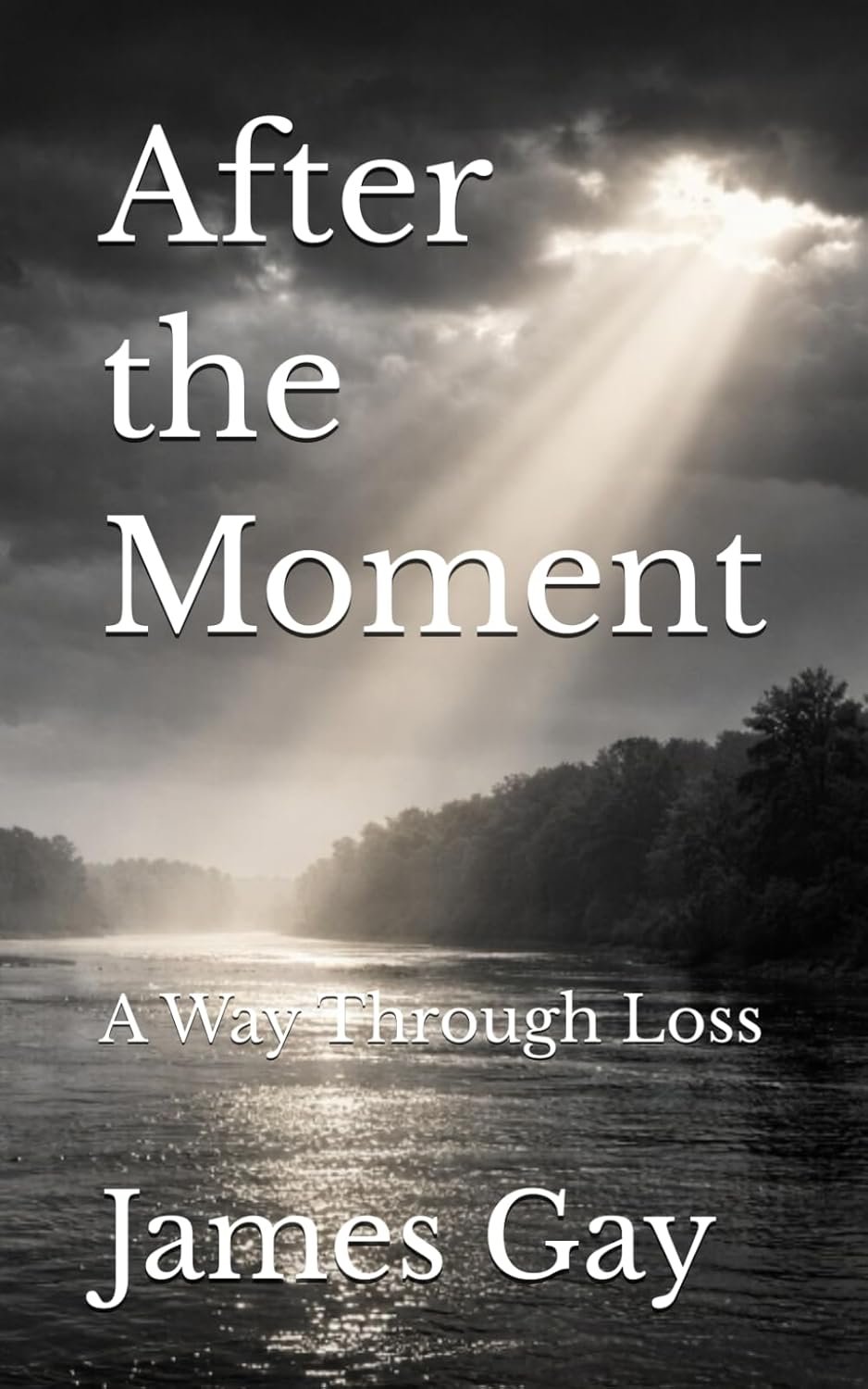 Book cover titled 'After the Moment: A Way Through Loss' by James Gay with a black and white photograph of a river and trees, clouds blocking the sky, rays of light shining through clouds.