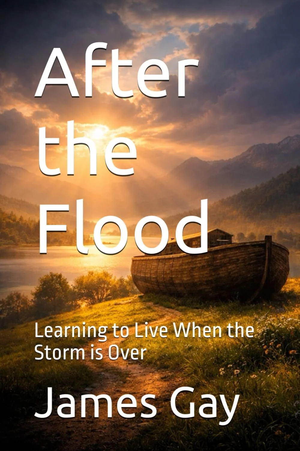 A scenic landscape at sunrise with a cloudy sky, mountains, a river, and an old wooden boat on the shore. Overlaid text reads "After the Flood" and "Learning to Live When the Storm is Over."