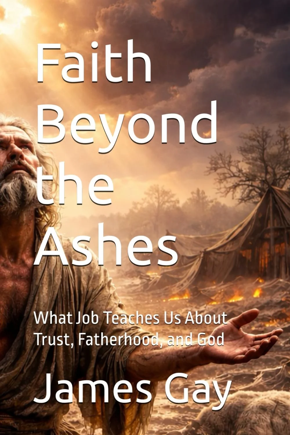 A man with long hair and a beard, wearing robes, looks upward with his hand extended in a muddy, war-torn landscape with tents on fire and dark stormy clouds overhead. The text reads: 'Faith Beyond the Ashes' and 'What Job Teaches Us About Trust, Fatherhood, and God' by James Gay.