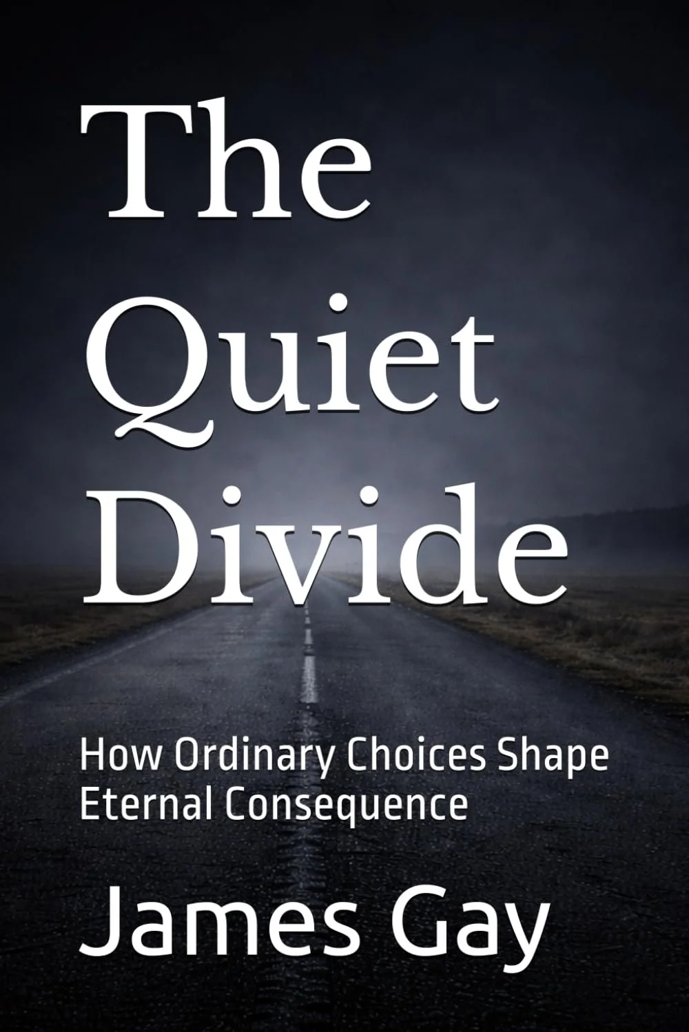 Book cover titled "The Quiet Divide" by James Gay with a dark, empty road ahead under a stormy sky.