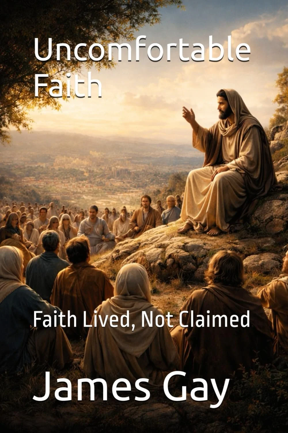 A biblical scene of Jesus Christ teaching a crowd from a hillside during sunset, with trees and a cityscape in the background.