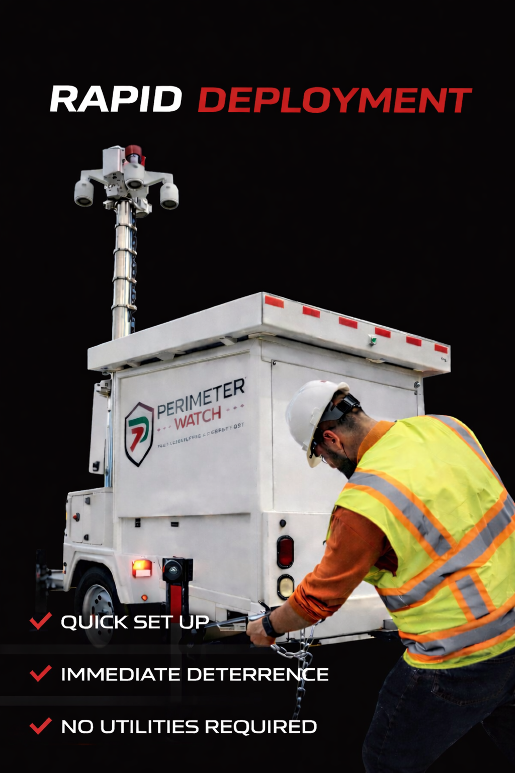 A worker in safety gear stands beside a mobile perimeter watch unit, with cameras and sensors, with the text 'Rapid Deployment' at the top and features listed at the bottom: Quick Setup, Immediate Deterrence, No Utilities Required.