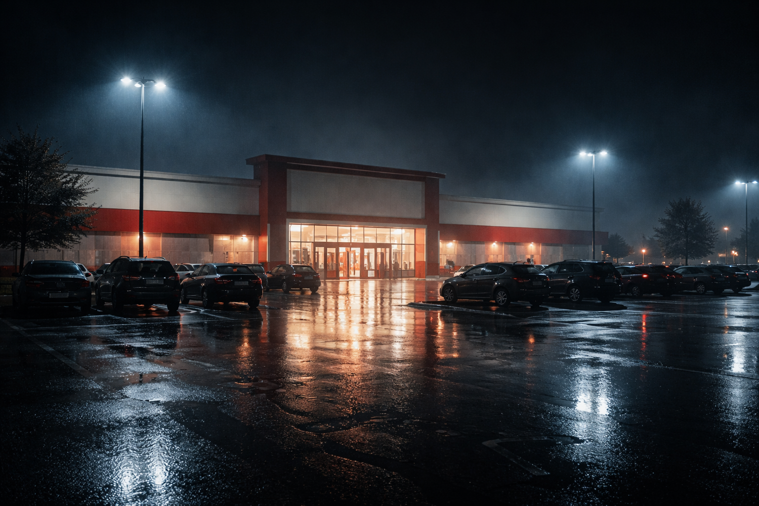 Nighttime scene of a wet parking lot outside a store with bright interior lights, several parked cars, illuminated street lamps, and rain creating reflections on the ground.