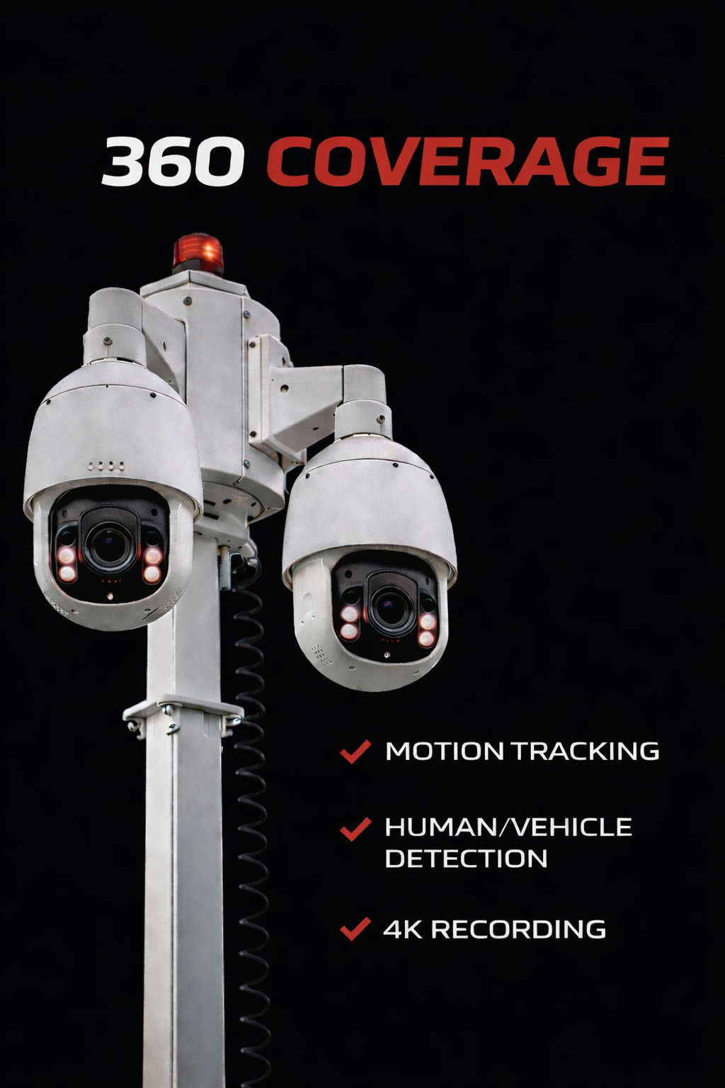 Security cameras mounted on a pole with the text "360 COVERAGE" and a list of features: motion tracking, human/vehicle detection, and 4K recording.