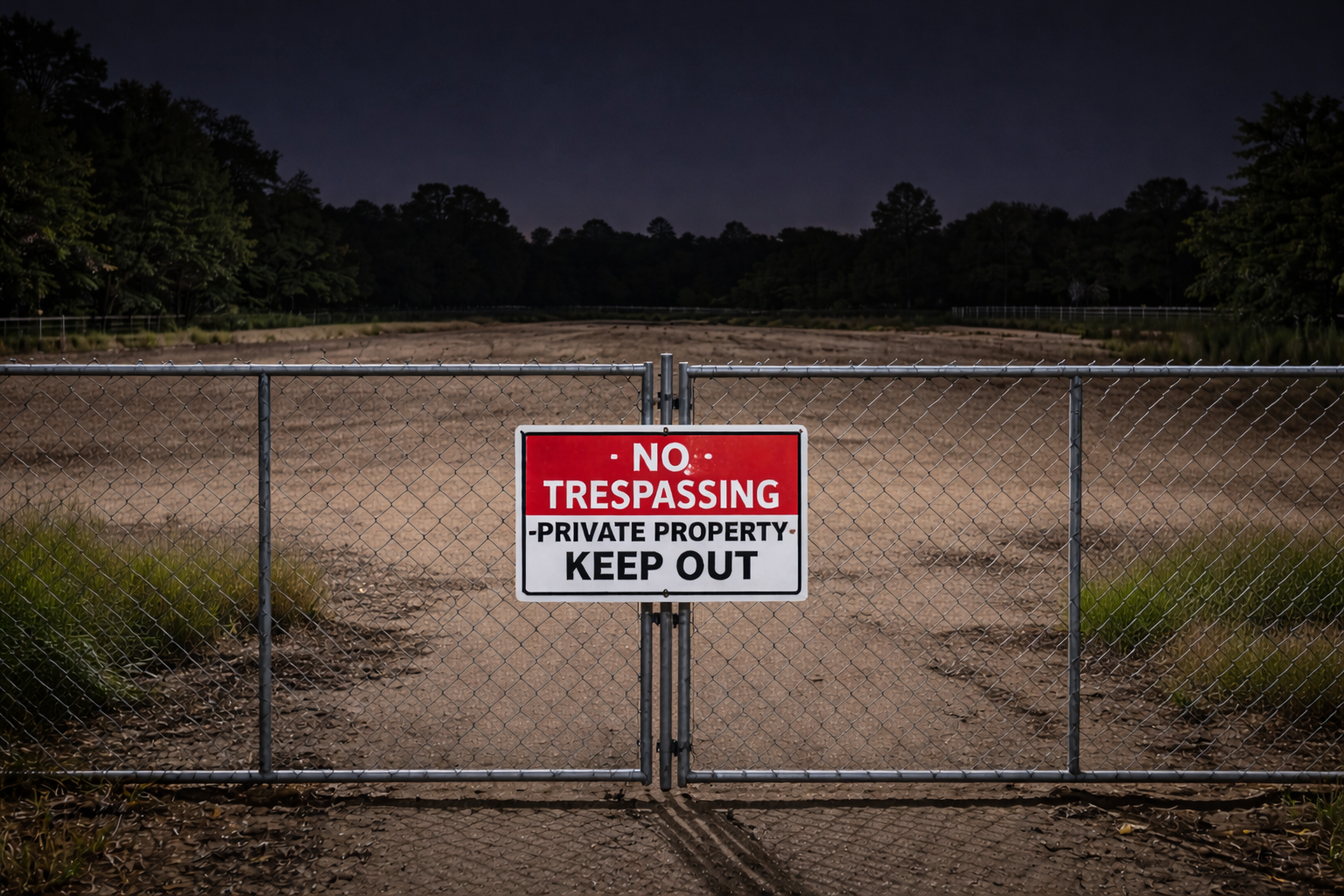 Closed chain-link fence with 'No Trespassing - Private Property Keep Out' sign in front of an empty dirt lot at night.
