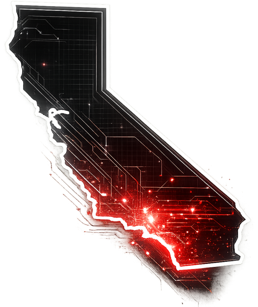 Outline of California with digital network graphics and a red glowing light in the southern region.