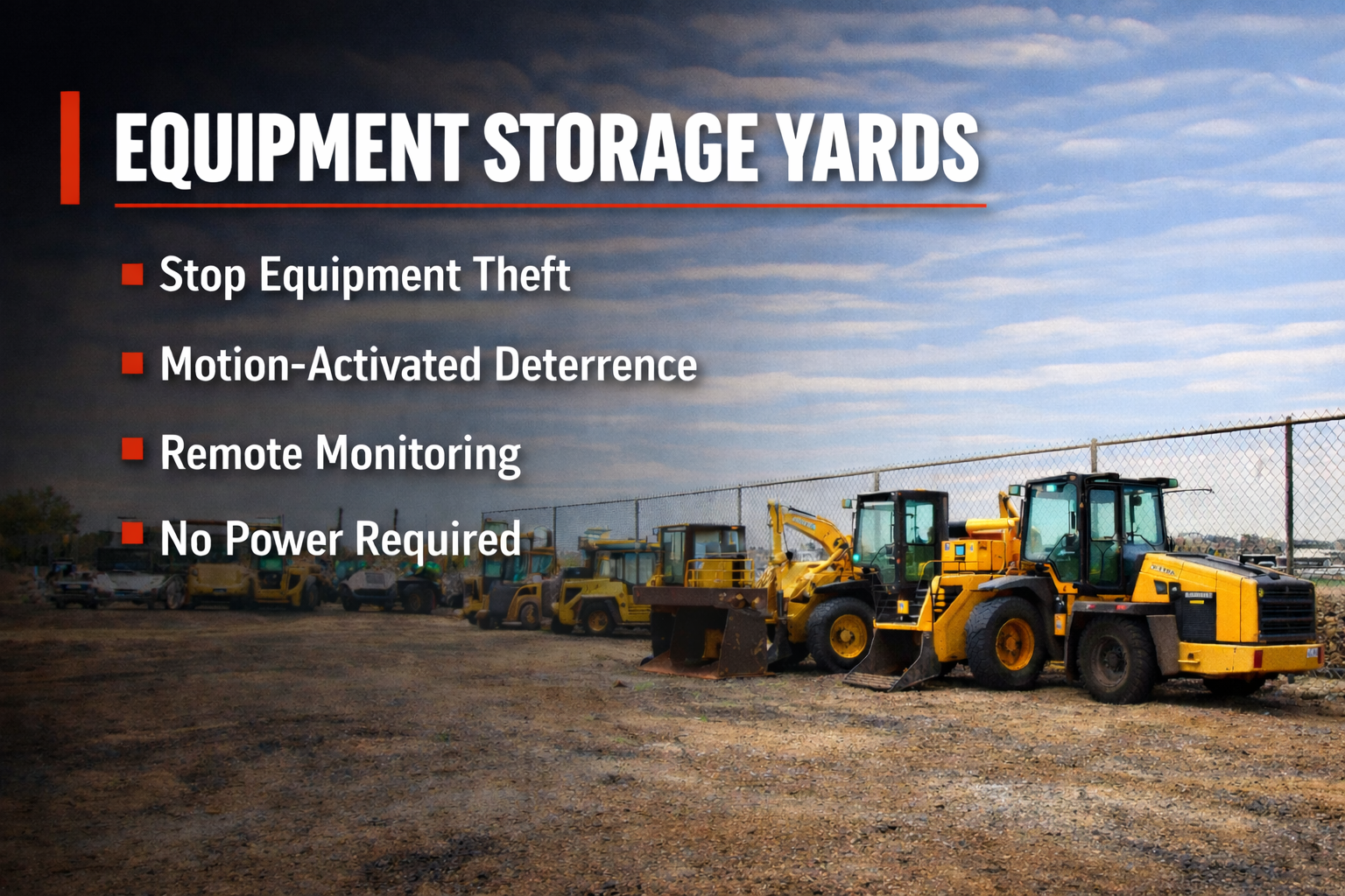 Equipment storage yard with yellow construction vehicles parked along a chain-link fence under a partly cloudy sky, overlaid with text about equipment security features.