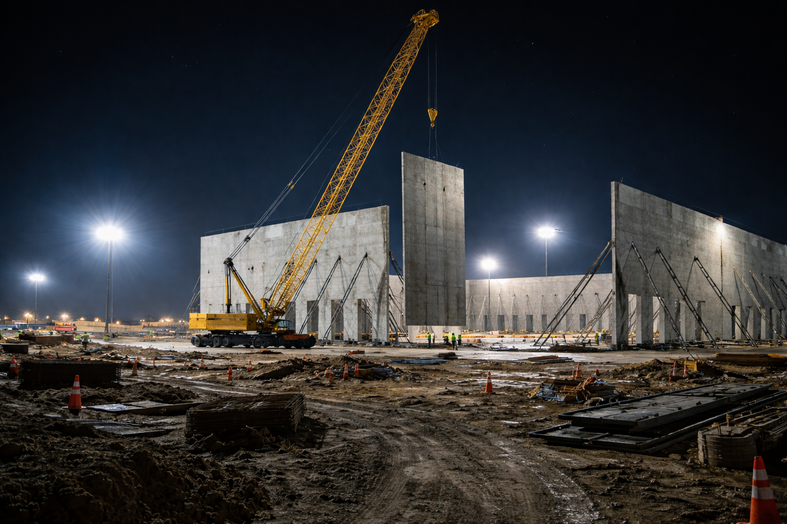 Nighttime construction site with large concrete walls being assembled, crane lifting a wall panel, and workers on site, illuminated by tall bright lights.