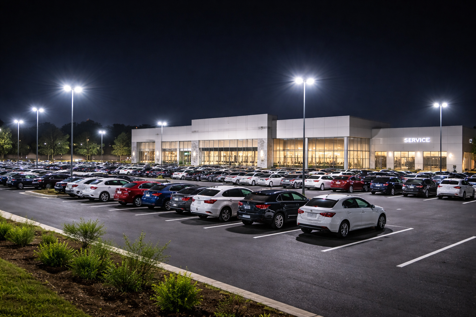 Empty parking lot outside a car dealership at night with illuminated building and streetlights.