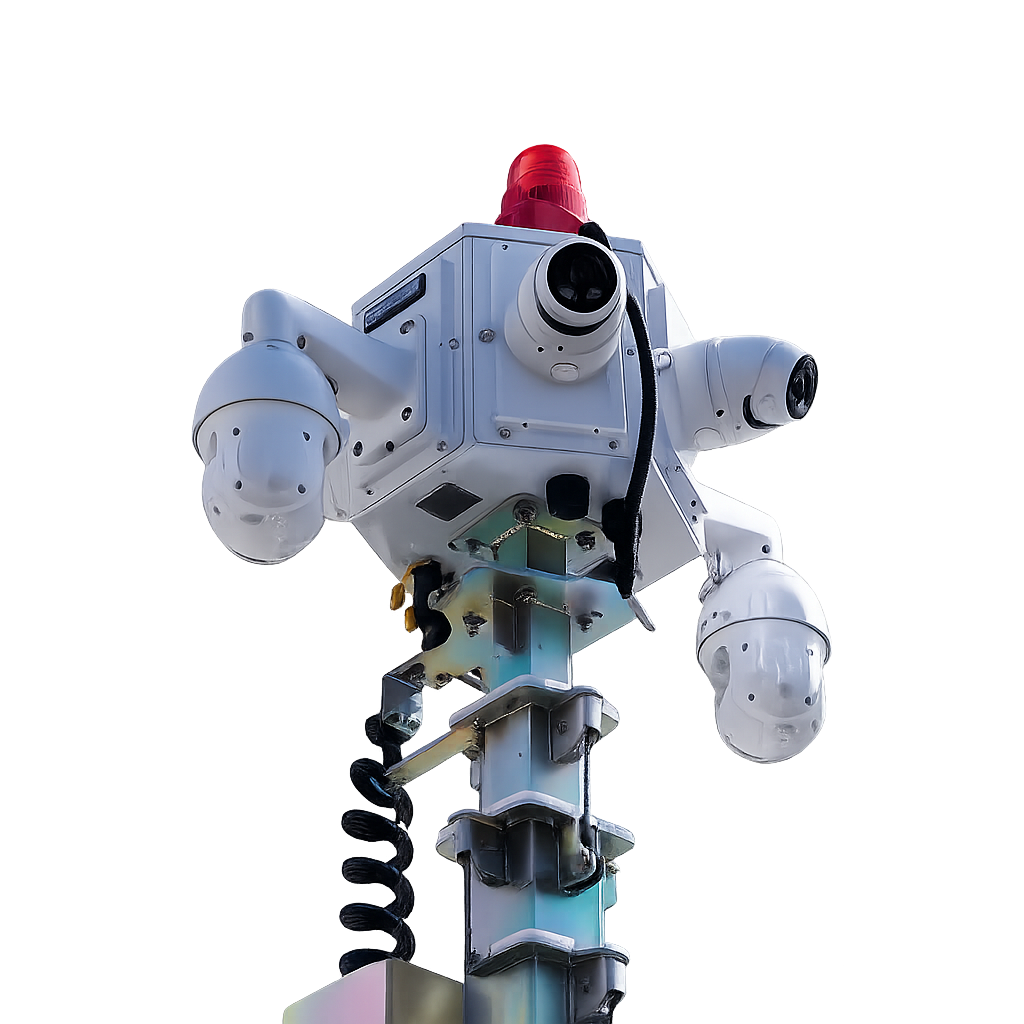 Close-up of a security camera robot mounted on a pole, with a red warning light on top, against a blurred cloudy sky background.