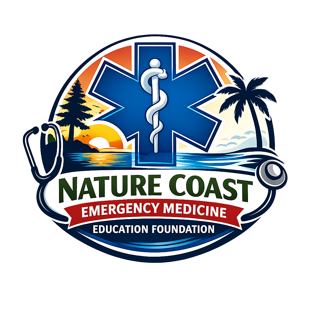 Logo for Nature Coast Emergency Medicine Education Foundation featuring a sunset over water, a tree, a palm tree, and a blue medical symbol with a Caduceus.