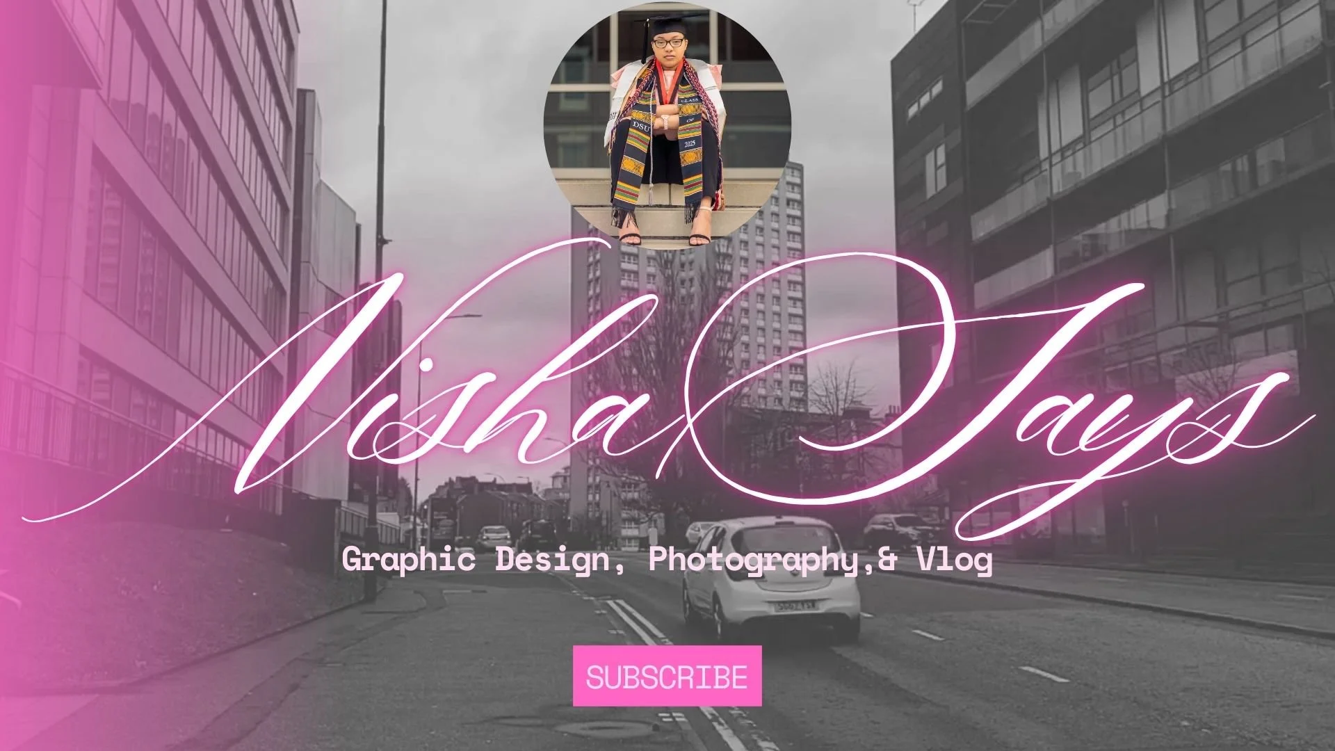 Social media banner for 'Visha Tay' showcasing graphic design, photography, and vlogging services. The background features a grayscale city street with tall buildings and cars. The designer's portrait is in a circular frame at the top center. The nam
