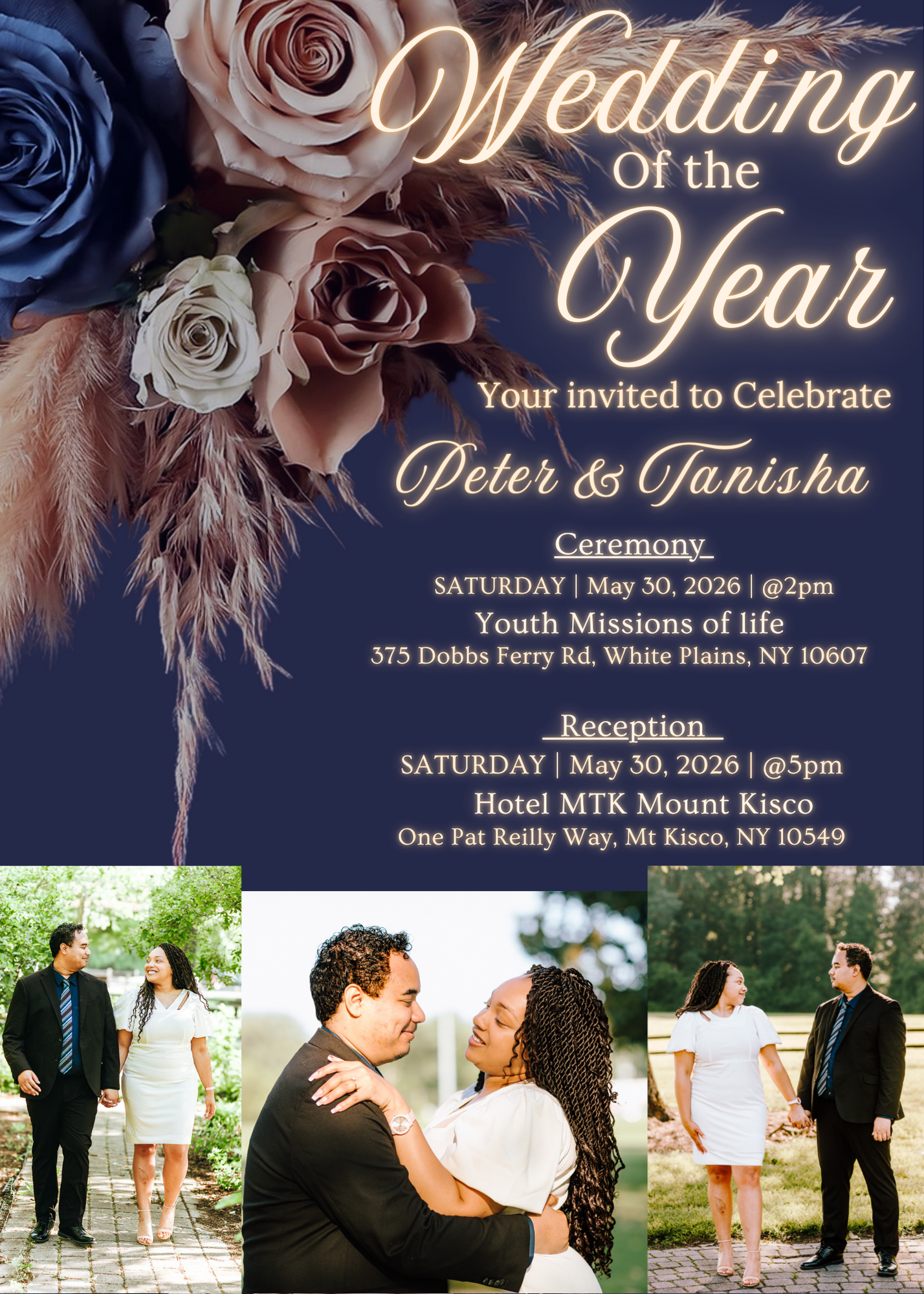 Wedding invitation featuring a floral bouquet with roses and feathers at the top left, with text inviting to a wedding of Peter and Tanasia, including details of ceremony and reception, and three photos of a couple in different outdoor settings.
