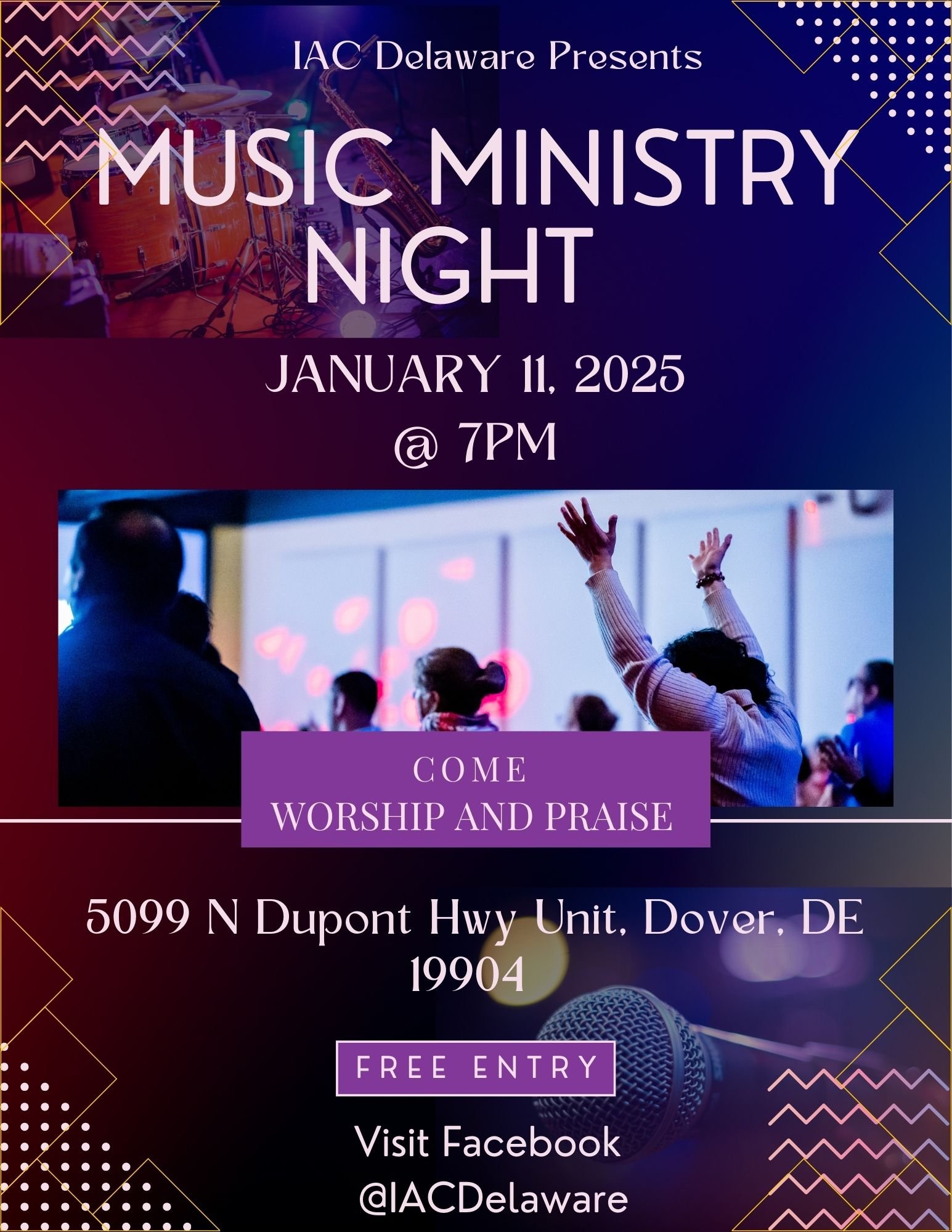 Event poster for IAC Delaware's Music Ministry Night on January 11, 2025, at 7 PM, featuring a background image of a drum set and audience members raising their hands during worship, with details about the location, free entry, and social media conta