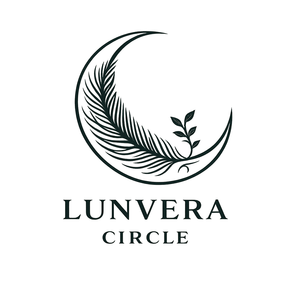 Logo featuring a crescent moon with a feather and leaves inside, with the text "LUNVERA CIRCLE" below.