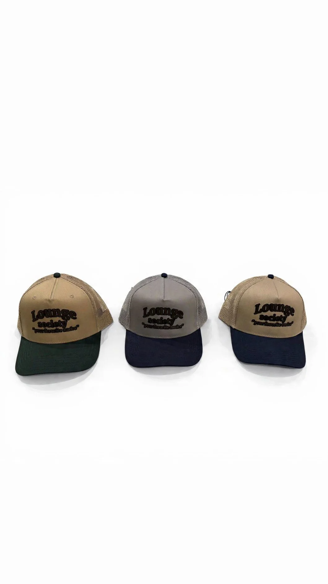 Three caps with mesh backs and navy blue brims, each with embroidered text reading 'Lounge Society' and 'your favorite nudest'. The caps are displayed against a white background.