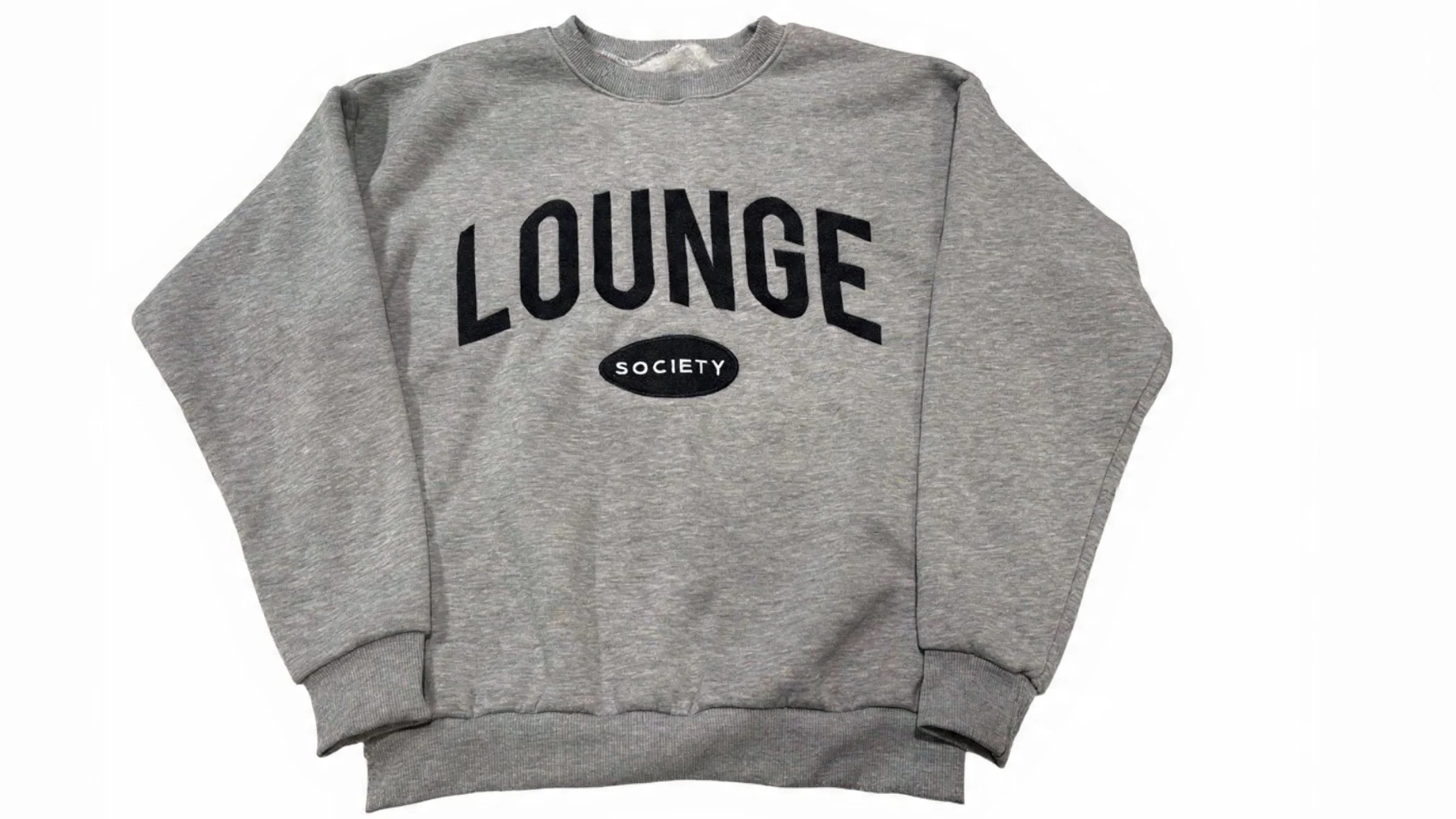 Gray sweatshirt with black text that says "LOUNGE" on the front, and below it an oval emblem with the word "SOCIETY."