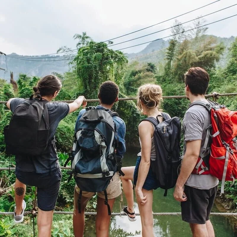Young people love adventure and hiking, travel over a river in a lush, green forest, with mountains in the background.