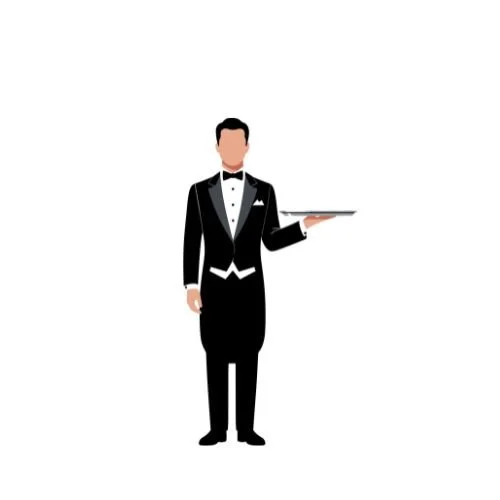 Illustration of a man in a black tuxedo holding a tray.