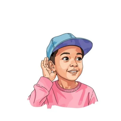 A young boy wearing a blue cap and pink sweatshirt is cupping his hand to his ear, as if listening.