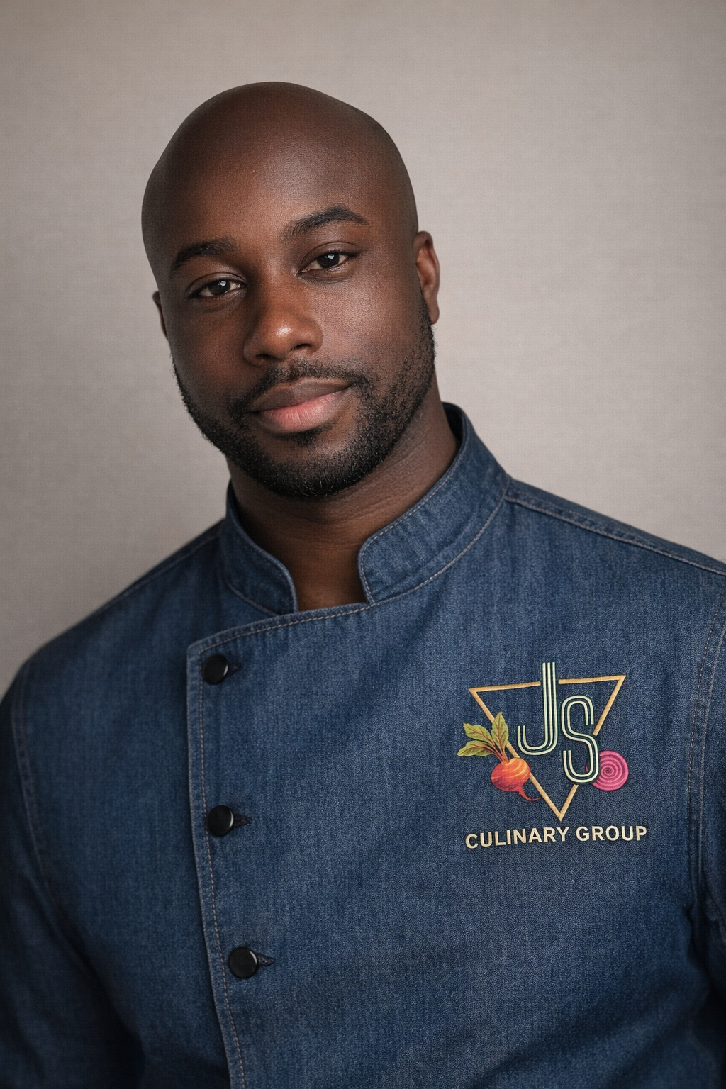 Portrait of a Black male chef wearing a blue denim chef's jacket with a logo that reads 'JS Culinary Group'. 
NYC culinary education programs

New York City school nutrition programs

Culinary education provider NYC

After-school cooking programs NYC