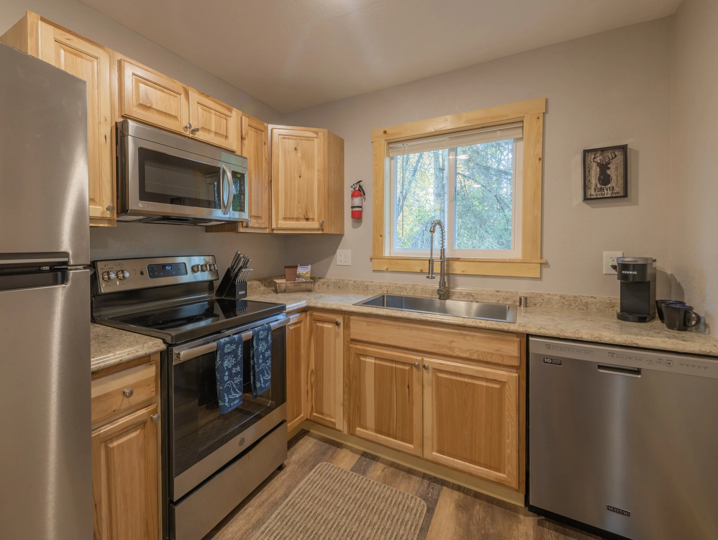 Kitchen with wooden cabinets, stainless steel appliances including a refrigerator, microwave, oven, and dishwasher. A window above the sink shows trees outside. A fire extinguisher is mounted on the wall near the window. There is a Keurig coffee make