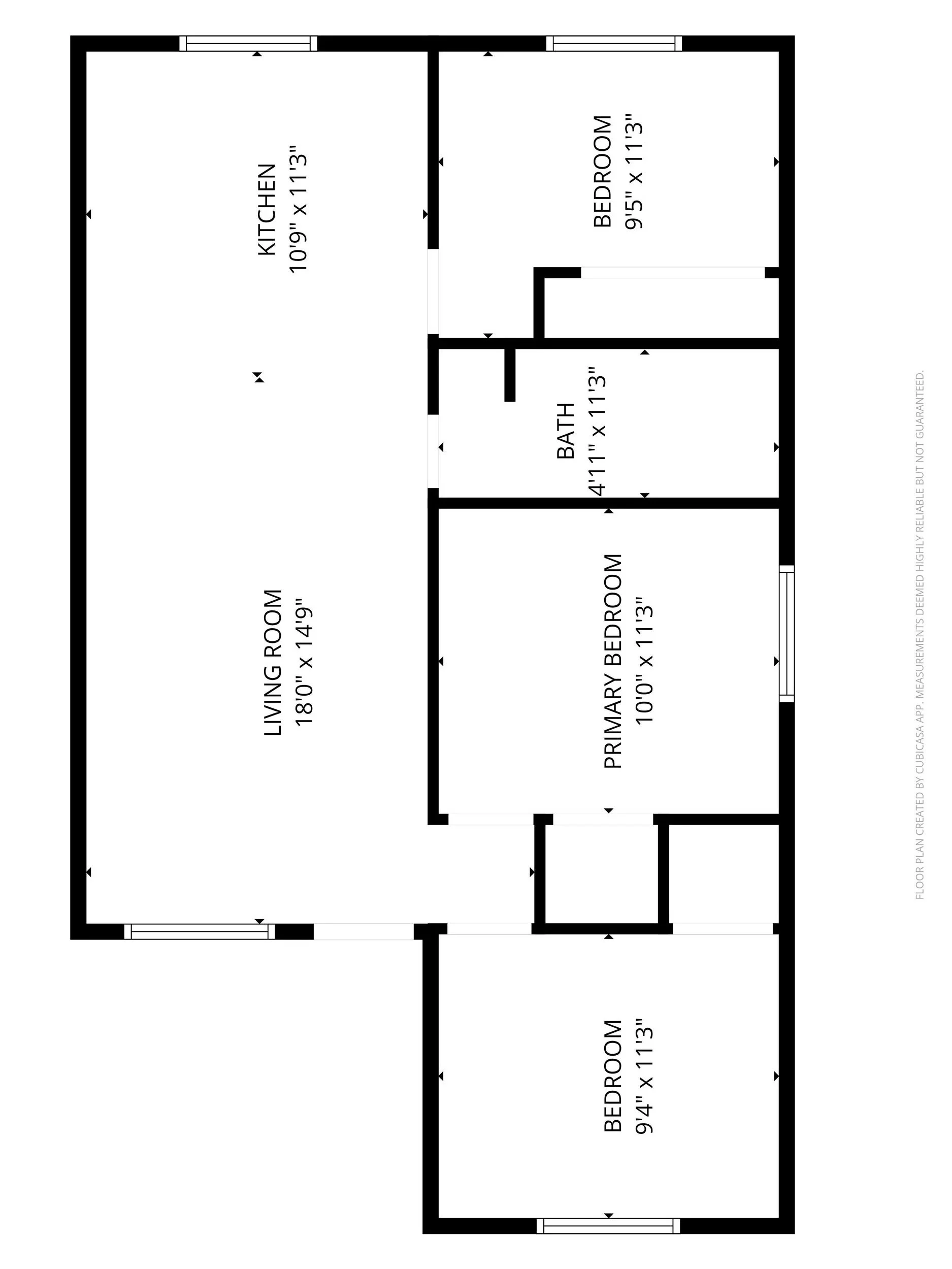Floor plan of a house showing a living room, kitchen, three bedrooms, and a bathroom, with room dimensions labeled.