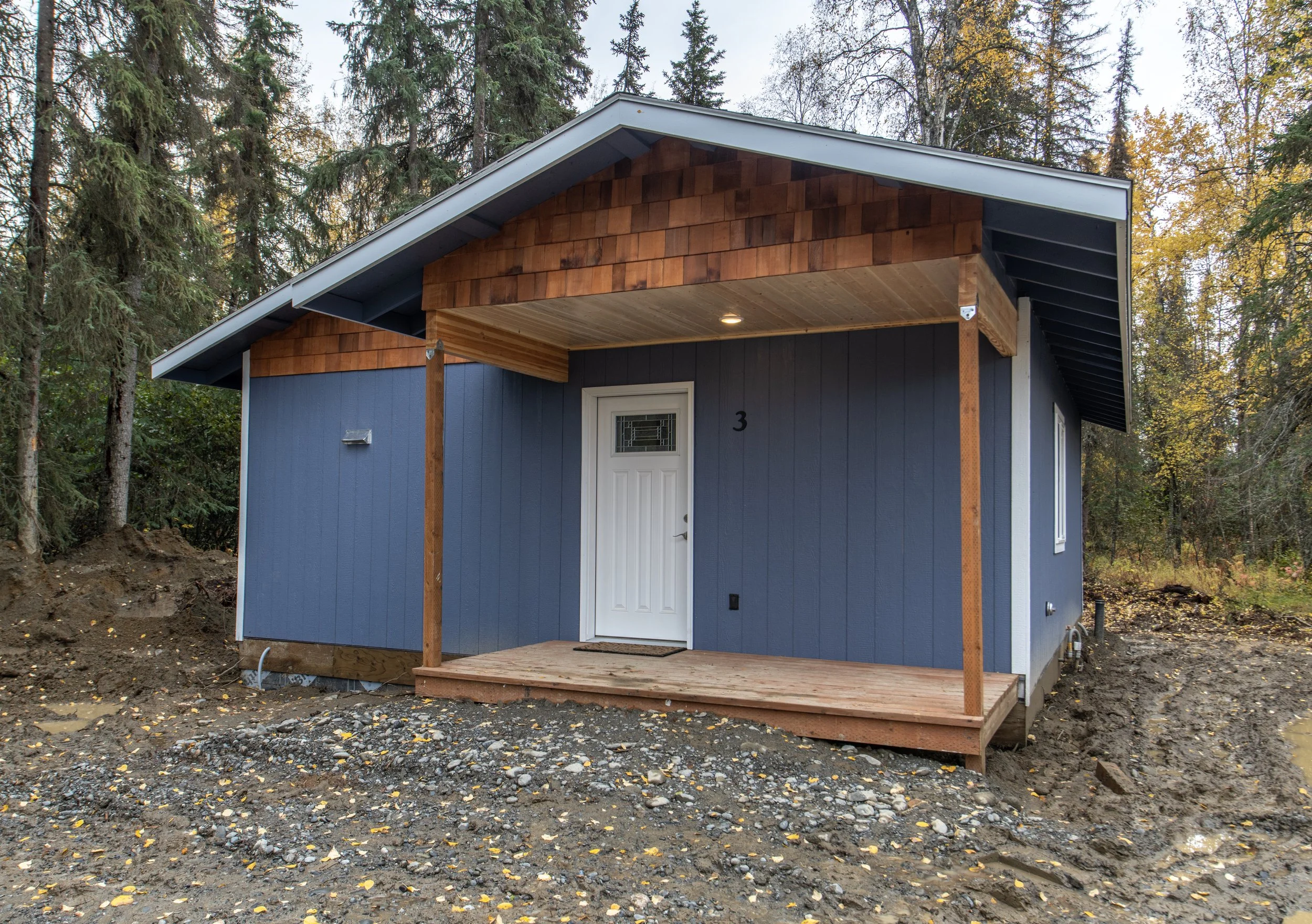 Newly constructed small house with blue siding, white door, and wooden porch, surrounded by trees and construction debris.