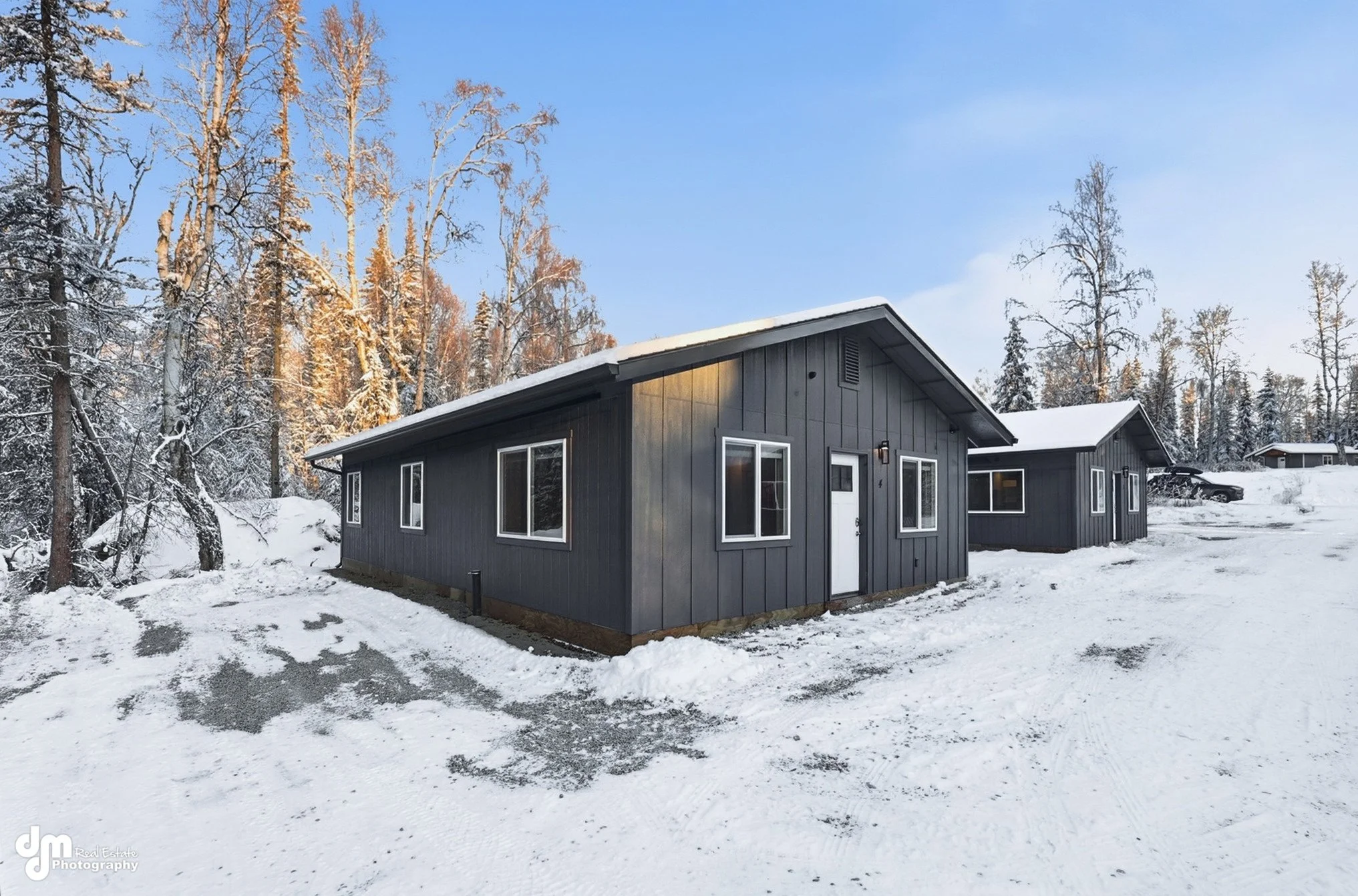 A dark gray house with multiple windows in a snowy landscape surrounded by trees during winter.