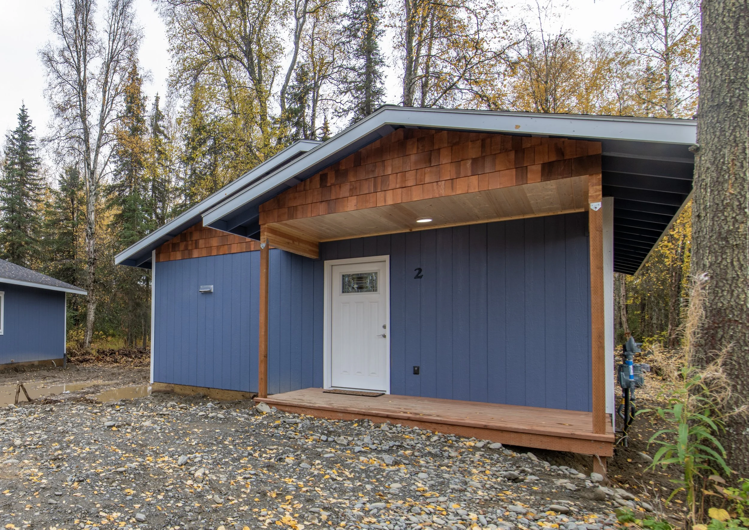 Newly constructed blue house with white door and wooden porch, surrounded by trees with fall foliage.