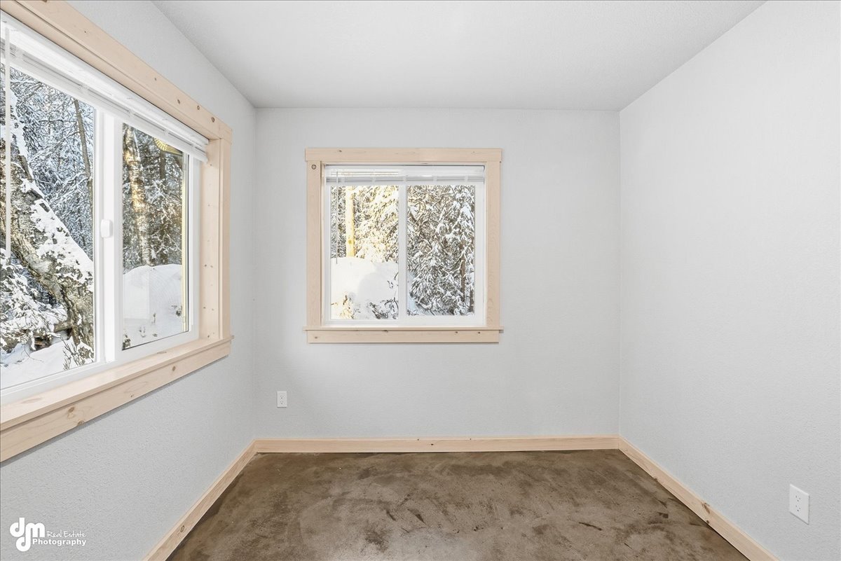 Empty room with two windows showing snow-covered trees outside, light gray walls, and carpeted floor.
